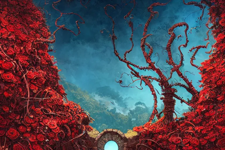 Prompt: broken arches leading to the pillars of eternity draped with red flowers and vines, blue sky, lens flare, a sense of mystery, ultra detailed, intricate, sharp focus, unstirred paint, vivid color, illustration by Alex Pardee and Nekro and Petros Afshar and James McDermott, 8K
