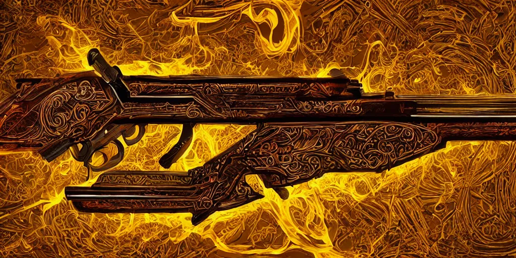 Image similar to a magic shotgun made out of wood, glowing in power, digital art, intricate details, professional