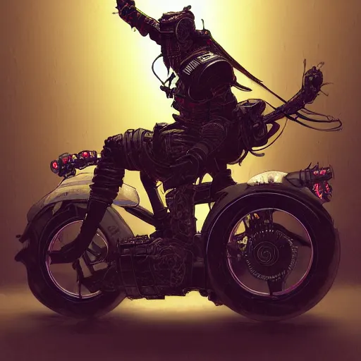 Image similar to extremely detailed realistic render of a cyberpunk samurai riding a motorcycle by James Jean, carig mullins and Syd mead perspective shot ArtStation, CGSociety