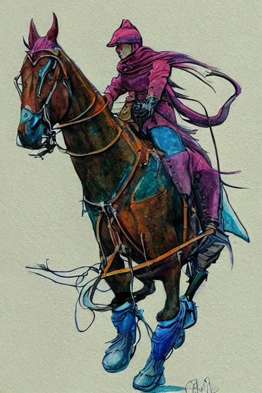 Prompt: fantasy horse rider with hood or hat, scifi, art by moebius, in watercolor gouache detailed paintings, in style of syd mead, colorful comics style, artstation