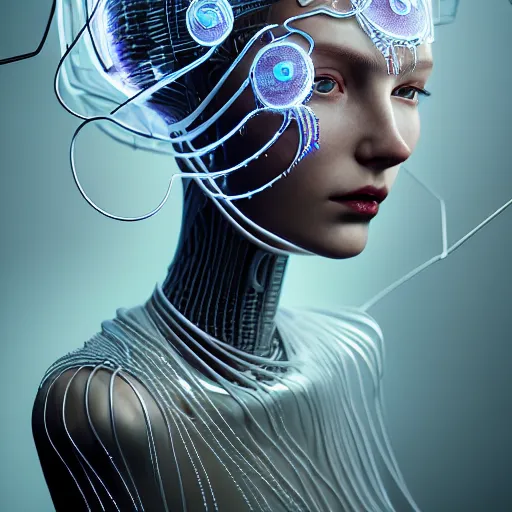 Prompt: portrait of an absurdly beautiful, graceful, sophisticated, fashionable cyberpunk mechanoid, hyperdetailed illustration by irakli nadar, matt wisniewski style, intricate linework, white porcelain skin, iridescent jellyfish headdress, day - glow face paint, multi colored electronic collar, unreal engine 5 highly rendered, global illumination, radiant light, detailed and intricate environment