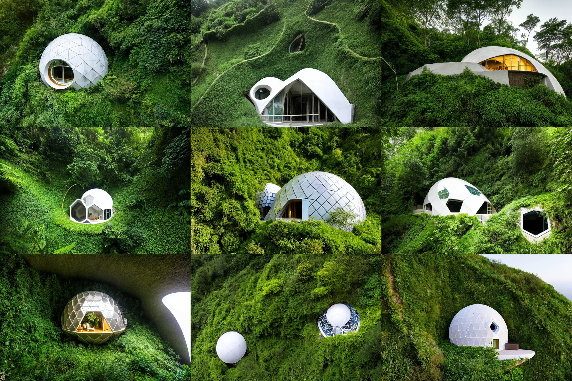 Prompt: underground geodesic house integrated in a cliff, by buckminster fuller, zaha hadid, roof with vegetation, architecture award winner, spiral, golden ratio, phi, architect studio, evening, at dusk lighting, domespace, solarpunk, sustainable architecture, green architecture, environmental architecture