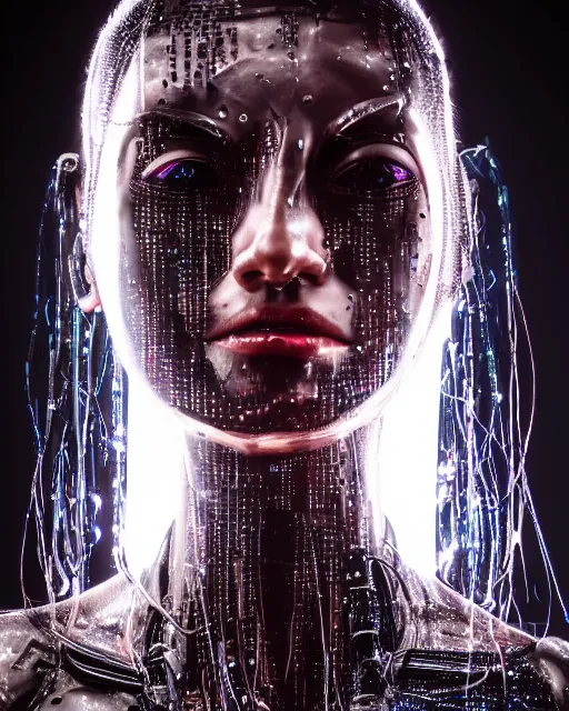 Prompt: portrait photo of female dancer as a cyberpunk mecha humanoid robotic head shoulder parts with straight bright led lights, under heavy rain, wet skin with water dripping down face, ultra - realistic and detailed, 8 k