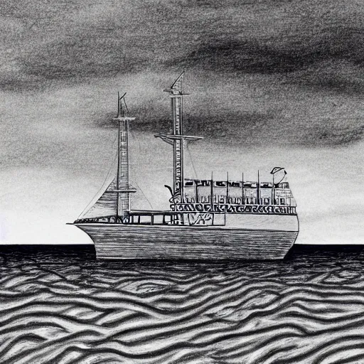 Prompt: A ship on a deserted island, pencil drawing on white background