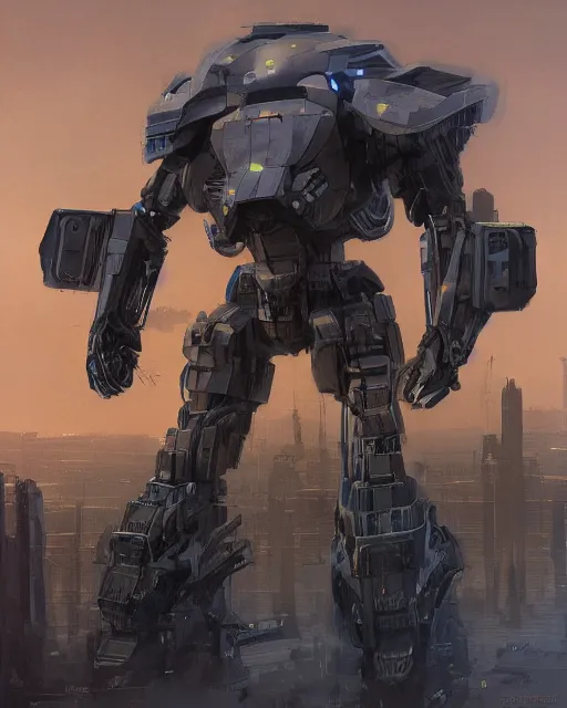 Prompt: an urban combat mech in the style of jean giraud / ralph mcquarrie / syd mead / john berkey hyper detailed photorealistic highlights and shadow hd 8 k post - processing high resolution concept art