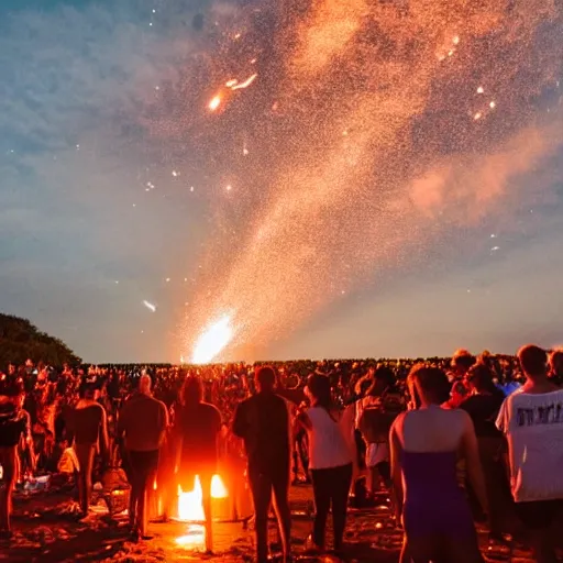 Image similar to a fiery meteor hitting a crowded beach concert