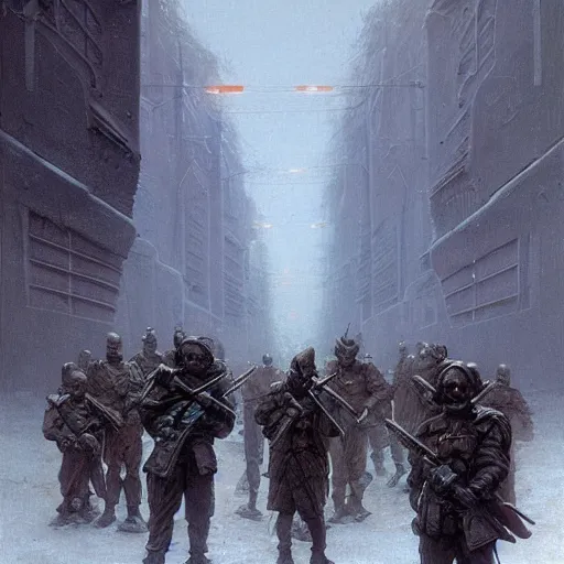 Image similar to portrait of futuristic soldiers squad on the art deco streets of the undying empire city of ya - sattra during the festival of masks, snow, winter, award - winning realistic sci - fi concept art by beksinski, bruegel, greg rutkowski, alphonse mucha, and yoshitaka amano