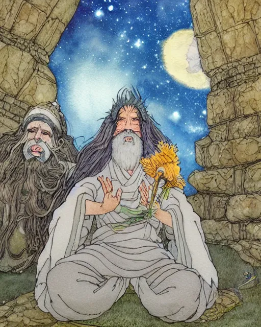 Image similar to a hyperrealist studio ghibli watercolor fantasy concept art of a giant long haired grey witch in lotus position sitting on top of stonehenge with a starry sky in the background. a group of tiny monks are prostrating them themselves. by rebecca guay, michael kaluta, charles vess