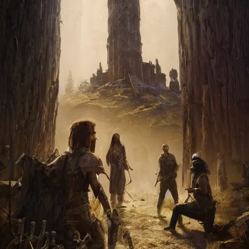 Image similar to epic masterpiece of cinematographic hyperrealism where a group of archeologists appears in front of the dread tower. realistic shaded lighting poster by craig mallismo, artgerm, jeremy lipkin and michael garmash, unreal engine, radiant light, detailed and intricate environment, digital art, art station trends, horror, night, darkness