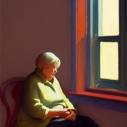 Prompt: a beautiful picture of an old woman looking at the window of her apartment by Edward Hopper trending on Artstation