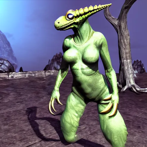 Image similar to 3D render of a feminine anthro reptile fursona Argonian in Skyrim, pose mod, in-game screenshot, loverslab