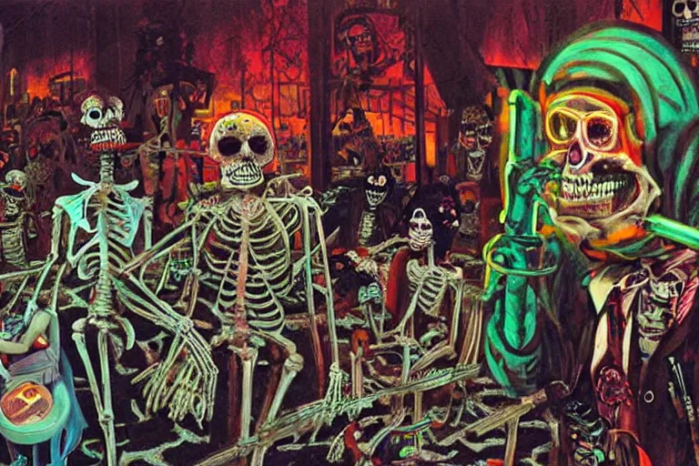 Prompt: scene from fear and loathing in las vegas, day of the dead, cyber skeleton, neon painting by otto dix