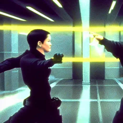 Image similar to neo fighting security. Matrix movie screenshot. Epic keyframe.