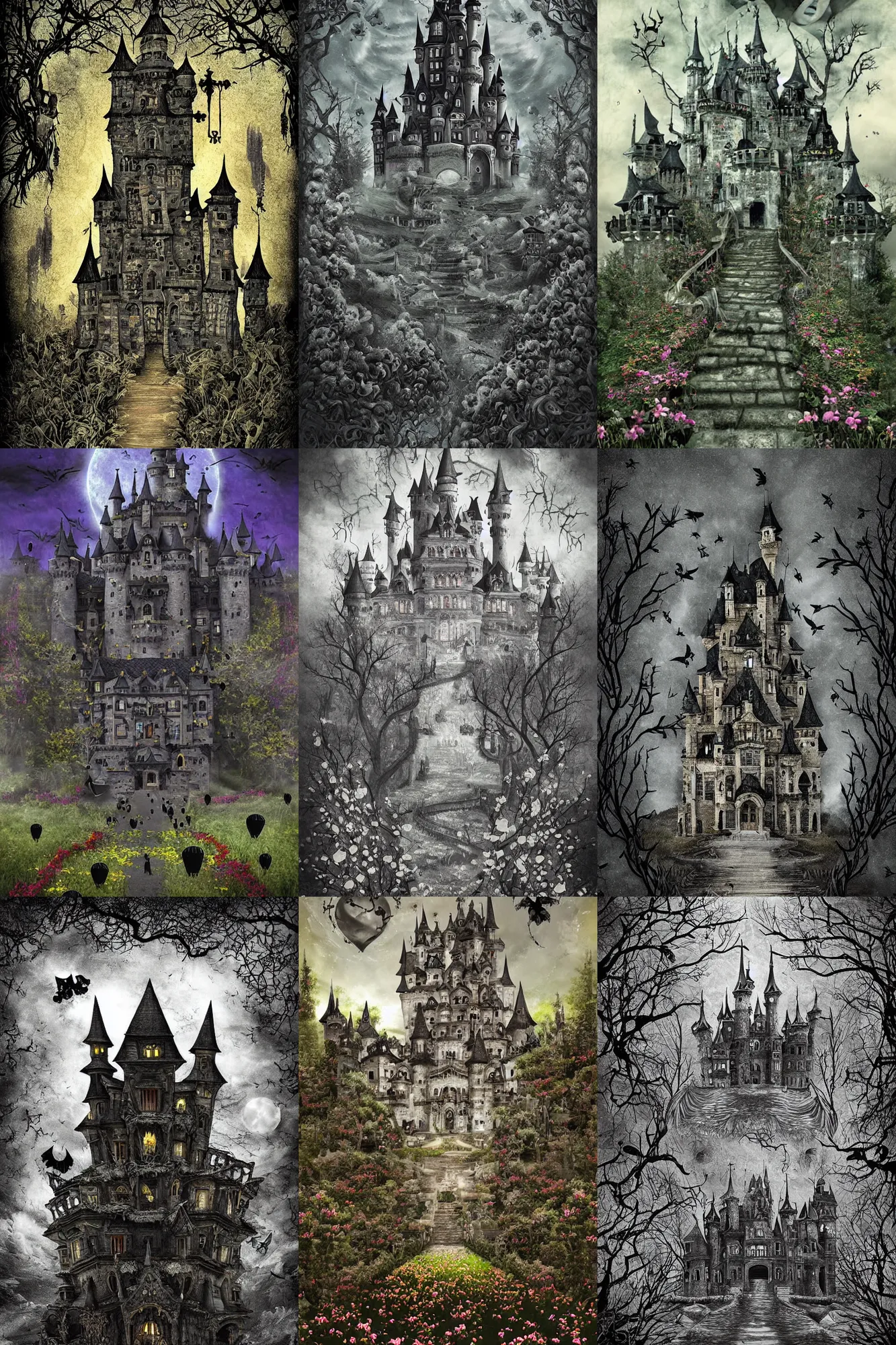 Prompt: A very phantasmagoric and haunted castle stands in the middle of a param covered with black flowers, incredible details, horror, digital art