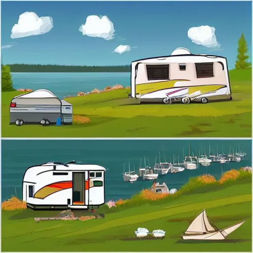 Prompt: long!! fifth wheel camper towable rv on the grass by the harbor in maine, rocky coast, sailboats in the water, tiny village, white background, cute digital cartoon painting art, 4 colors!!! trending on artstation
