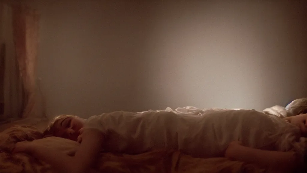 Prompt: movie still of girl having sleep paralysis and a shadow watching, cinematic composition, cinematic light, criterion collection, by edgar wright - n 9