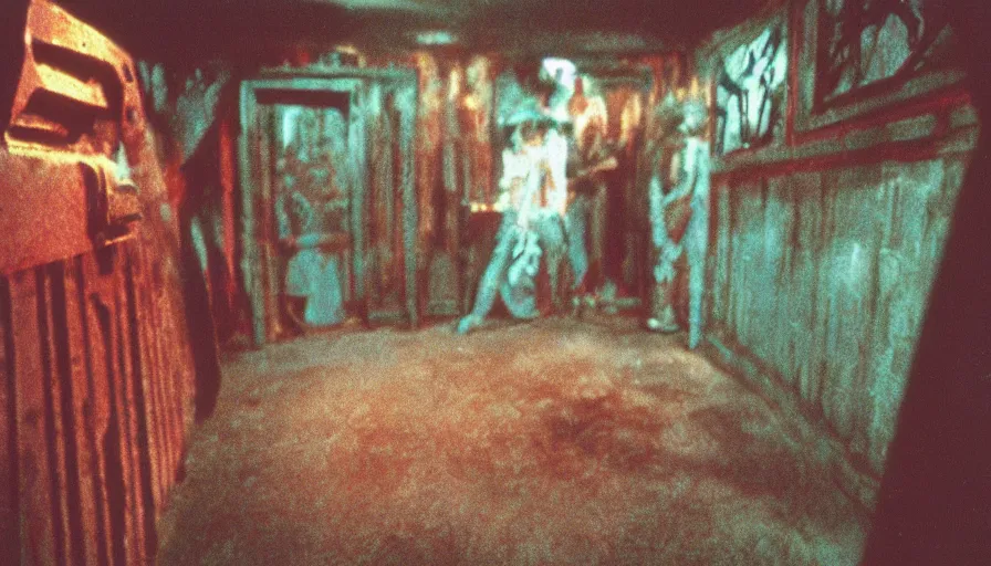 Prompt: 7 0 s film still from a horror movie about haunted house ride and monsters, kodachrome, cinecolor, cinestill, film grain, film texture, retro, cinematic, high resolution, photorealism,
