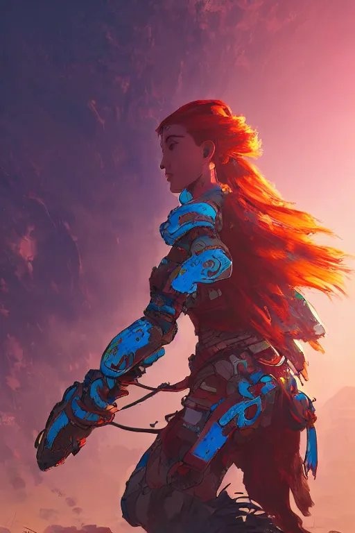 Image similar to combination suit armor aloy horizon forbidden west horizon zero dawn radiating a glowing aura global illumination ray tracing hdr fanart arstation by ian pesty and alena aenami artworks in 4 k tribal robot ninja mask helmet backpack