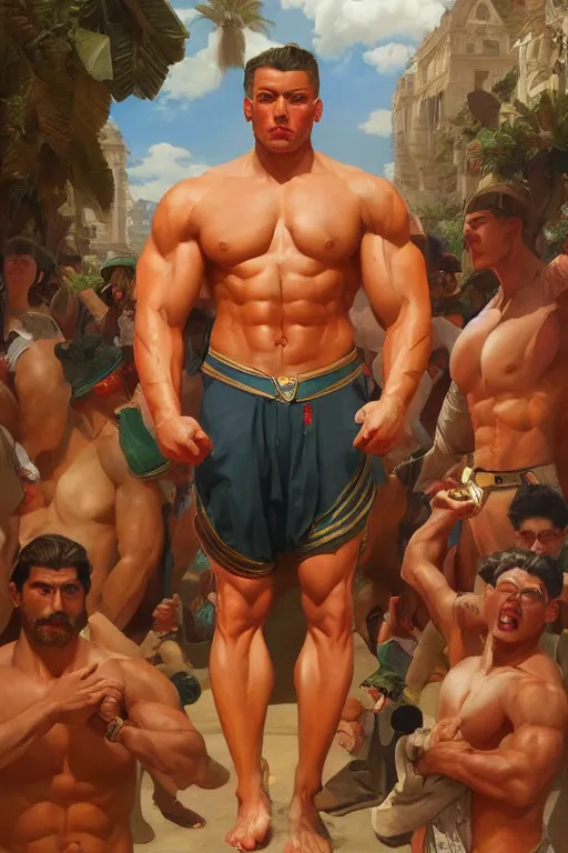 Image similar to the ultimate peruvian gigachad, muscular man, oil on canvas artstation by j. c. leyendecker and edmund blair leighton and charlie bowater octane render