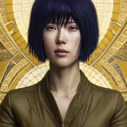 Prompt: Major Kusanagi from Ghost in the Shell with Pixie Haircut drawn by Donato Giancola and Makoto Shinkai, Edmund Leighton, Alphonse Mucha, background by James Jean and Gustav Klimt, 4k, porcelain skin, volumetric lighting, komorebi, french nouveau, trending on artstation, octane render, hyperrealistic