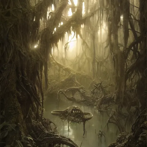 Image similar to swamp with a rotten stem formed like nick nolte at dusk, misty athmosphere, ultra realistic, concept art, intricate details, eerie, highly detailed, photorealistic, octane render, 8 k, unreal engine. art by ed binkley and ellen jewett and artgerm and greg rutkowski and alphonse mucha