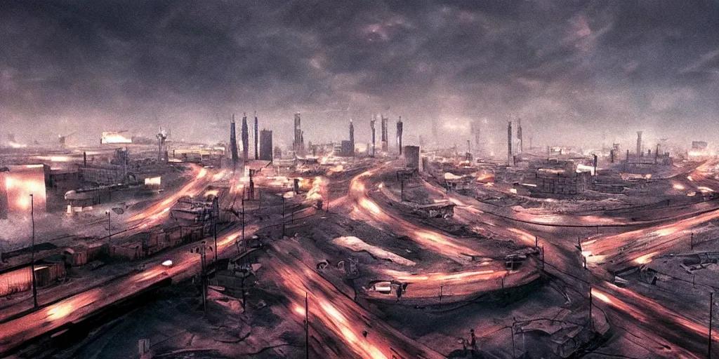 Image similar to cinematic shot of norilsk russian orbit city cityscape, telephoto, iconic scene from the paranoid thriller sci fi film directed by stanley kubrick, anamorphic cinematography, beautiful composition, color theory, leading lines, photorealistic, moody volumetric lighting