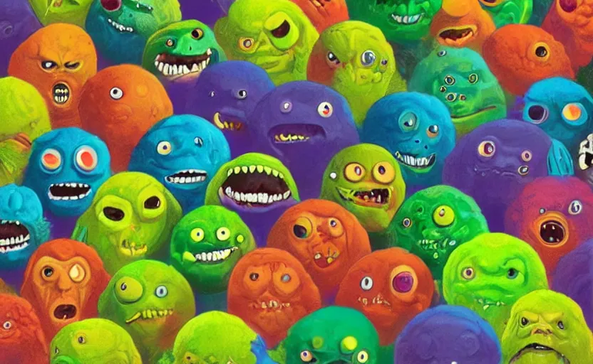 Image similar to an army of differnt tennis ball monsters, colorful, digital art, fantasy, magic, chalk, trending on artstation, ultra detailed, professional illustration by basil gogos