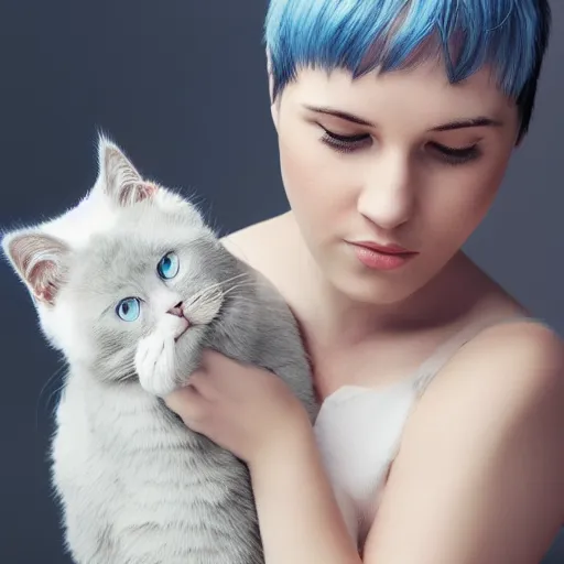 Prompt: A beautiful woman with blue short hair with bangs holding a grey and white cat, full body portrait, highly detailed, excellent composition, dramatic lighting, realistic 4k