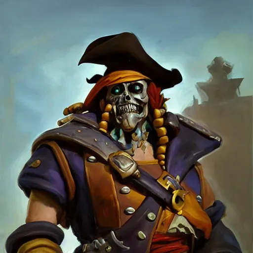 Image similar to greg manchess portrait painting of partially armored undead pirate captain lechuck as overwatch character, medium shot, asymmetrical, profile picture, organic painting, sunny day, matte painting, bold shapes, hard edges, street art, trending on artstation, by huang guangjian, gil elvgren, ruan jia, greg rutkowski, gaston bussiere