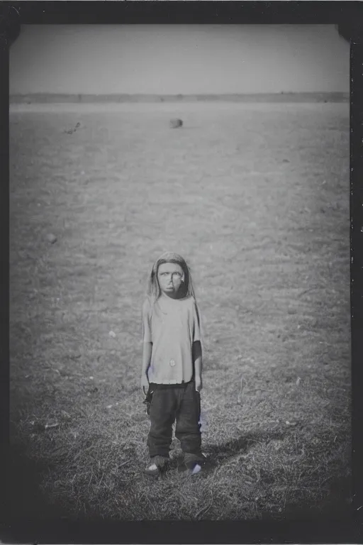 Image similar to photo polaroid of a sad and lonely child stands in the middle many tents of field hospitals, pandemic, covid,loneliness, black and white ,photorealistic, 35mm film,