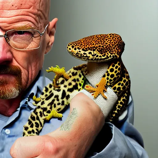 Image similar to walter white holding a leopard gecko