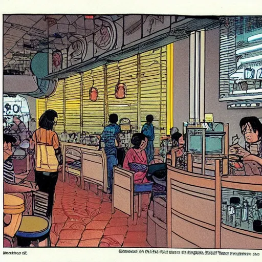 Image similar to a singaporean coffeeshop, by moebius