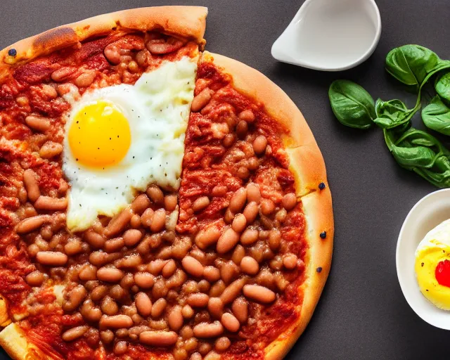 Image similar to dslr food photograph of a mouthwatering new york pizza with baked beans and egg on, 8 5 mm f 1. 4