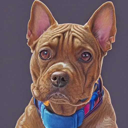 Image similar to intricate five star hit dog stand by monica lee, colored pencil on paper, high detail, skin texture, photo realistic, hyperrealism, matte finish, high contrast, 3 d depth, masterpiece, vivid colors, artstationhd