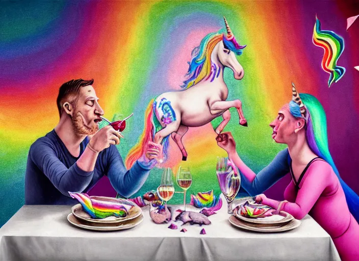 Prompt: realistic detailed image of a heavy tattooed couple of unicorns in in baroque italian restaurant eating colorful unicorn pie, roasted rainbow and drinking sparkling flamingo wine by Neo Rauch, Adrian Ghenie, Storm Thorgerson, and Beeple, semi naive, pastel colors, Hilma af Klint color palette, cinematic, very coherent symmetrical artwork, cinematic, hyper realism, high detail, 8k, last supper composition. Beksinski painting, part by Hilma af Klint and Greg Hildebrandt. art by Andrei Tarkovsky. masterpiece