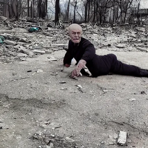 Image similar to last selfie of last alive ukrainian very damaged body to bones running from nuclear explosion, dead bodies everywhere, 2 0 2 2