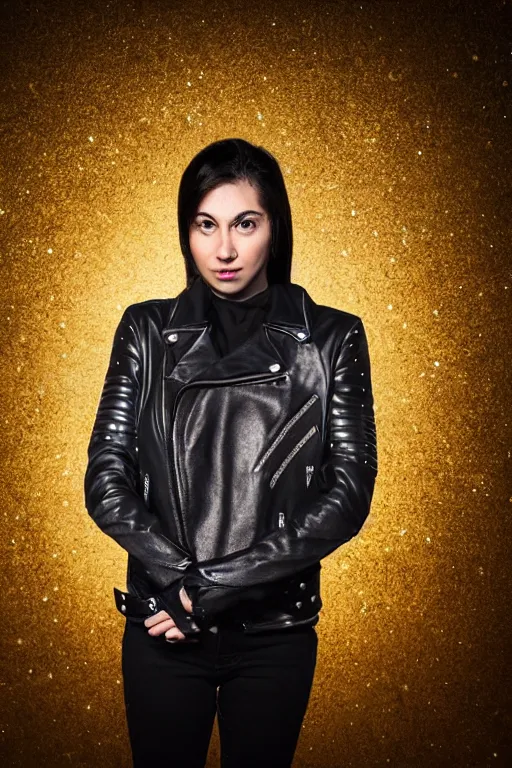 Prompt: front of owl wearing black biker jacket, portrait photo, backlit, studio photo, golden ratio, starry background