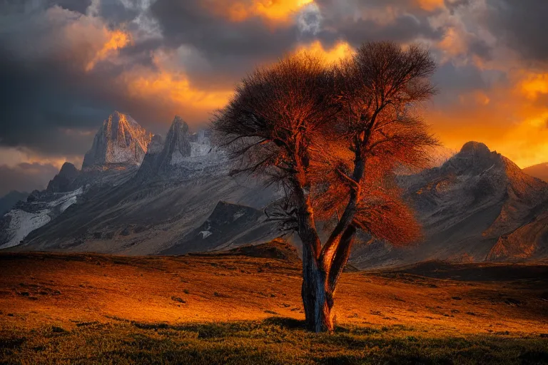 Image similar to A beautiful landscape photography of Ciucas mountains mountains, a dead intricate tree in the foreground, sunset, dramatic lighting by Marc Adamus,