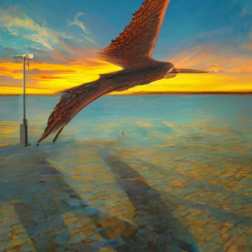 Image similar to a public restroom with wings, flapping its wings flying in sunset sky, oil on canvas, portrait, intricate, 8k highly professionally detailed, HDR, CGsociety