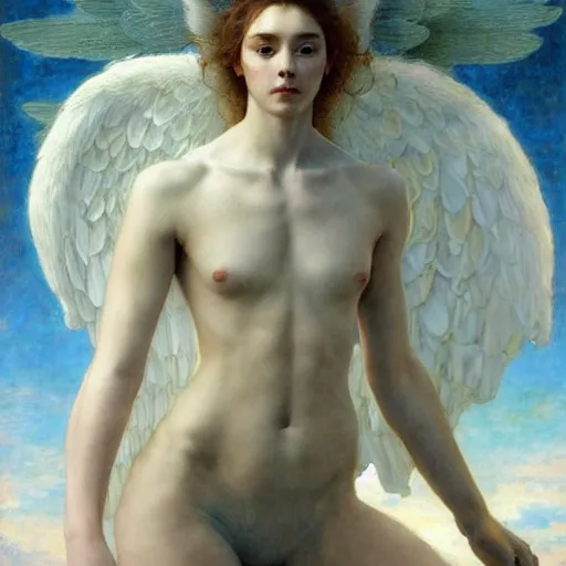 Image similar to epic masterpiece full body portrait a beautiful female angel, flawless skin, perfect body, perfectly formed wings, by Edgar Maxence and Ross Tran and Michael Whelan