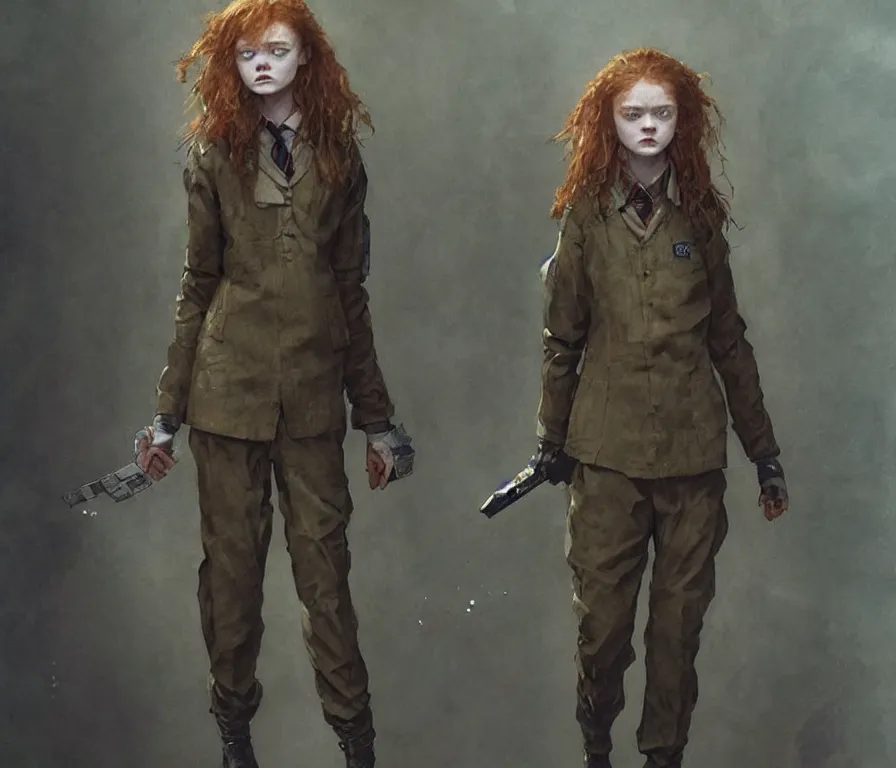 Prompt: sadie sink dressed in oversized school uniform : costume concept for a scifi cyberpunk film. by greg rutkowski, gustave courbet, greg staples, rosa bonheur. sharp focus, cinematic atmosphere, detailed and intricate, perfect anatomy