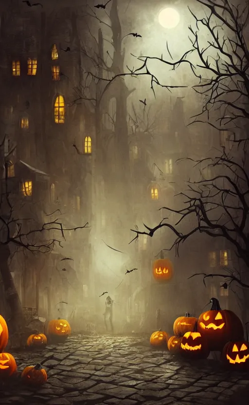 Image similar to a creepy and eery Halloween setting, with Jack o lanterns on the street and shadow figures lurking about, dynamic lighting, photorealistic fantasy concept art, stunning visuals, creative, cinematic, ultra detailed, trending on art station, spooky vibe