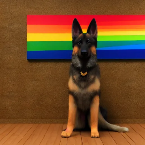 Prompt: 3 d model of a rainbow german shepherd, octane render, raytraced