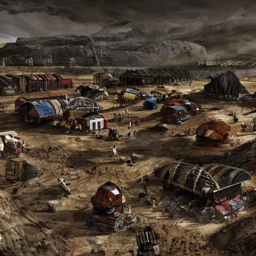 Image similar to Mining camp full of alien slaves doing hard labour on a rocky dark planet, photorealistic