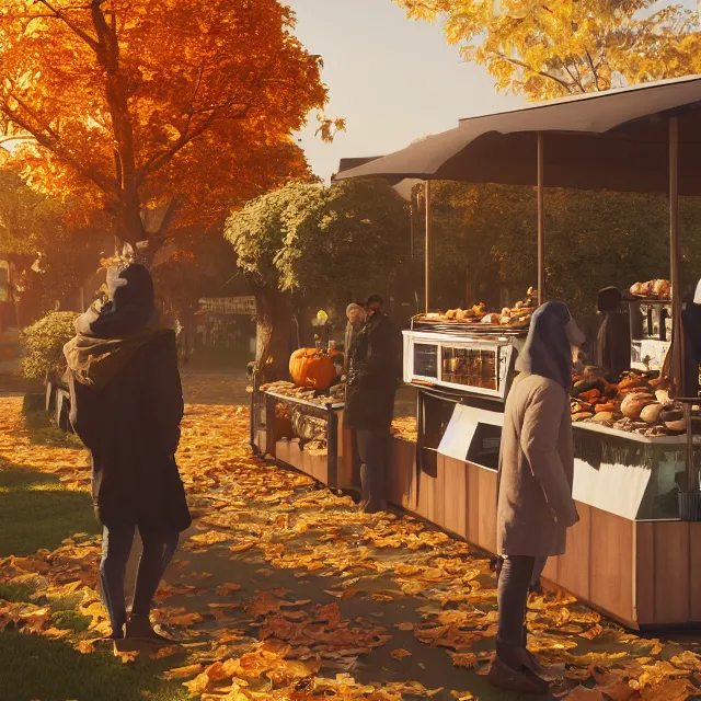 Image similar to pumpkin headed people ordering coffee at a coffee stand, maple trees with fall foliage, volumetric, realistic, cinematic lighting, ray tracing, unreal engine 5, octane render, hyper realistic, photo, 8 k