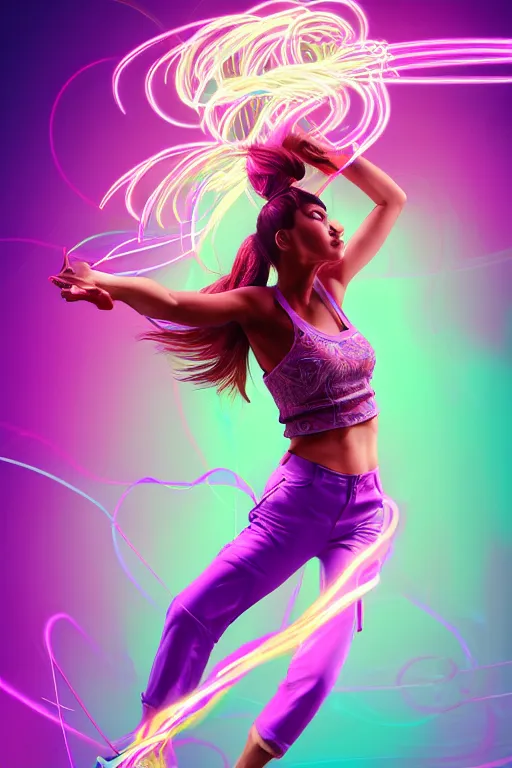 Image similar to a award winning half body portrait of a beautiful woman in a croptop and cargo pants with ombre purple pink teal hairstyle with head in motion and hair flying, surrounded by whirling illuminated lines, outrun, vaporware, shaded flat illustration, digital art, trending on artstation, highly detailed, fine detail, intricate