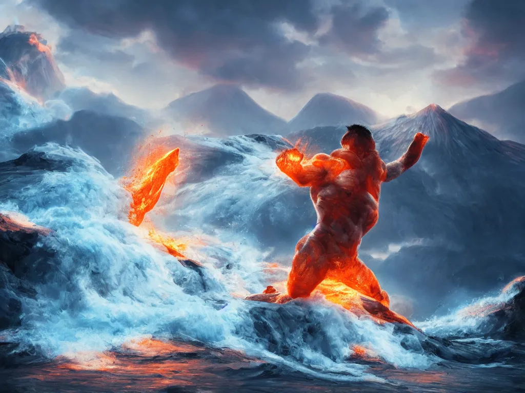 Prompt: a white fluffy cat surfing on lava, muscular, erupting volcano, stunning scene, 8 k, extremely detailed digital painting, depth, bright colors, trending on artstation