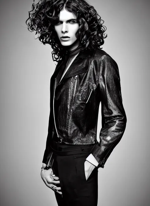 Prompt: a male model in designer clothes ; long curly hair ; pretty face ; high fashion ; editorial look ; unreal engine