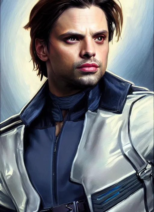 Image similar to sebastian stan as the winter soldier, painting by artgerm and greg rutkowski and alphonse mucha
