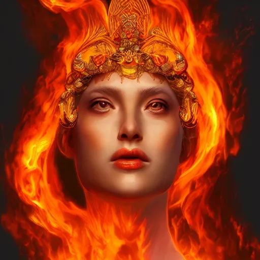 Image similar to A stunning portrait of a goddess, her body made of flames, 8K UHD, intricate, fantasy, Trending on artstation.